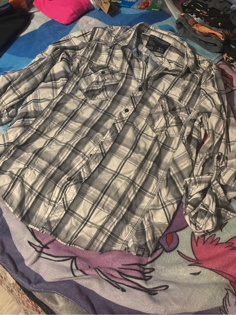 Machine Gray and White Plaid Casual Button-Down Shirt.